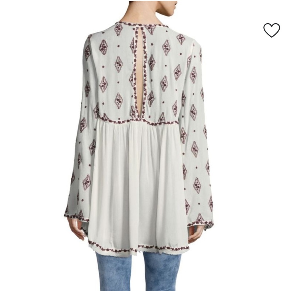 Free People Embroidered Diamond Key Hole Burgundy Cream Raw Hem Tunic Top,Small - Picture 4 of 14